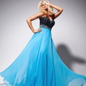 Tony Bowls 113523 Turquoise and Black Dress, Size 4 – Gown with Bold Colors